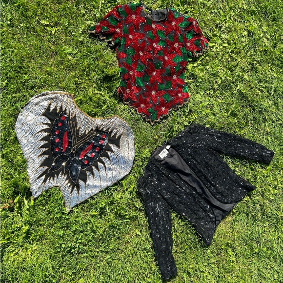 Vintage 80s Silk and Sequins Party Poinsettia Top - Picture 10 of 10